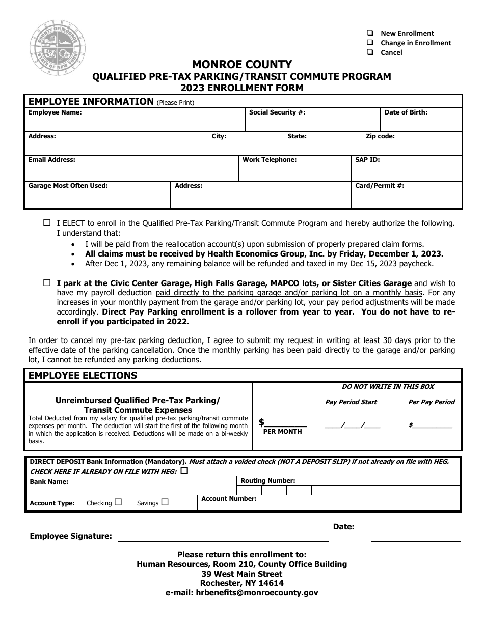 Qualified Pre-tax Parking / Transit Commute Program Enrollment Form - Monroe County, New York, Page 1