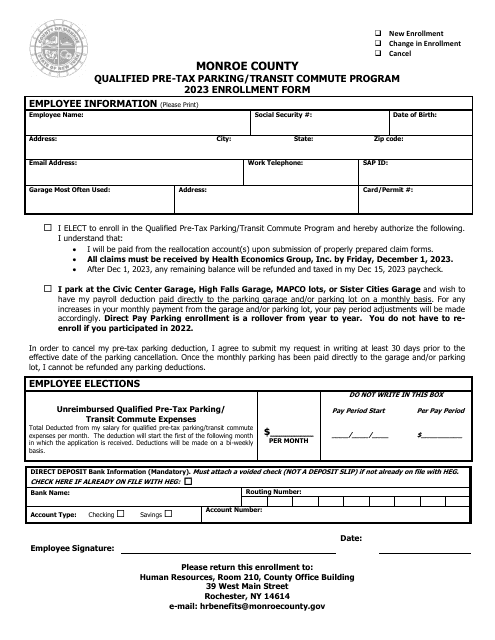 Qualified Pre-tax Parking / Transit Commute Program Enrollment Form - Monroe County, New York Download Pdf