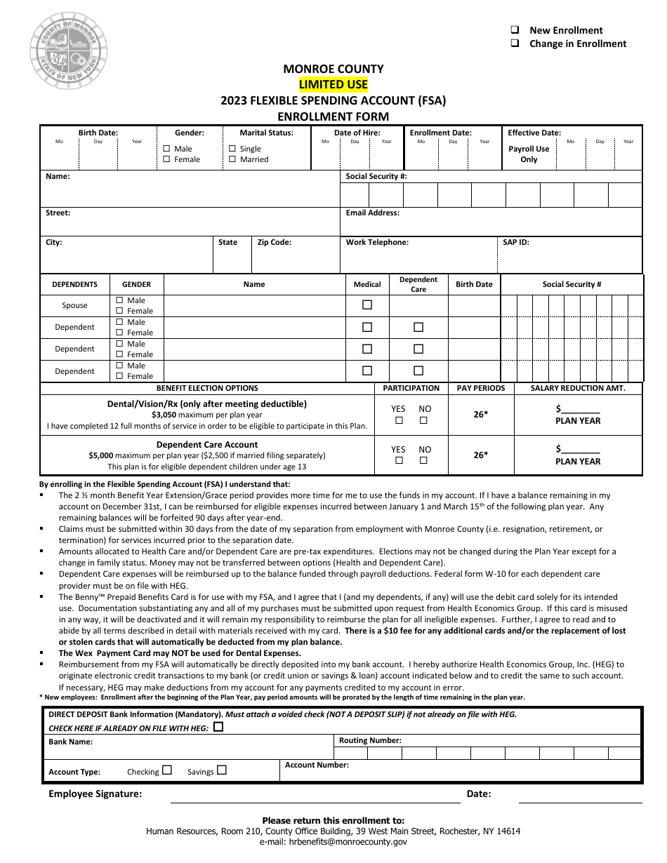 Limited Use Flexible Spending Account (FSA) Enrollment Form - Monroe County, New York, Page 1
