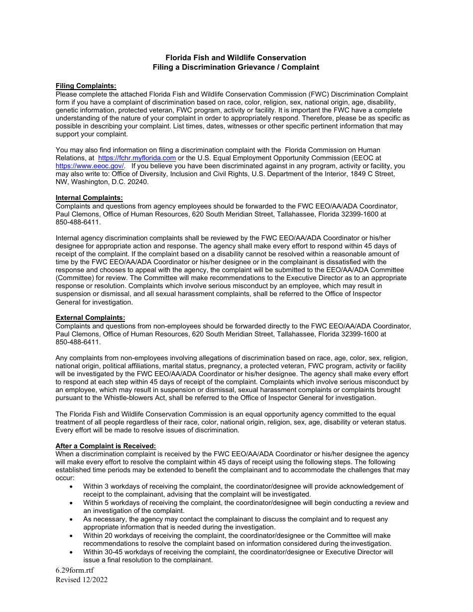 Discrimination Grievance / Complaint Form - Florida, Page 1