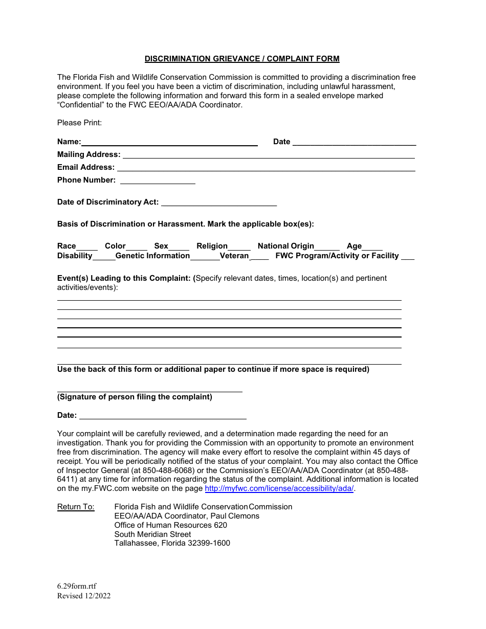 Florida Discrimination Grievancecomplaint Form Fill Out Sign Online And Download Pdf 7731