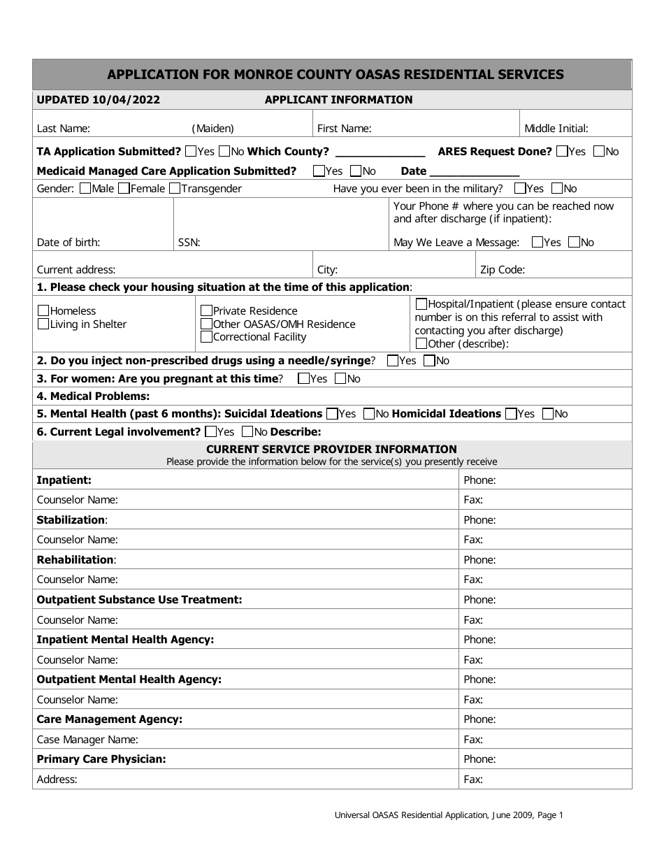 Application for Monroe County Oasas Residential Services - Monroe County, New York, Page 1