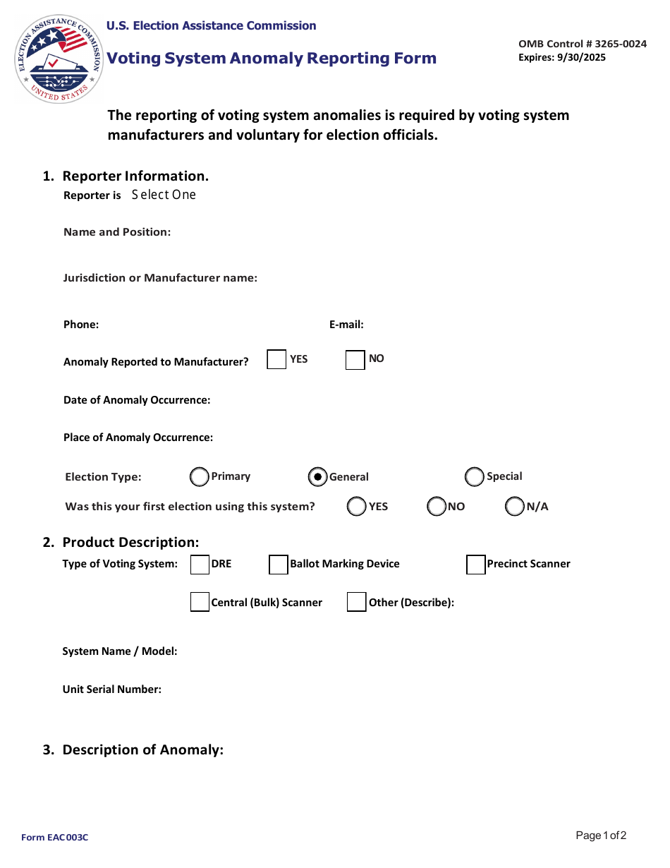 Form EAC003C Voting System Anomaly Reporting Form, Page 1