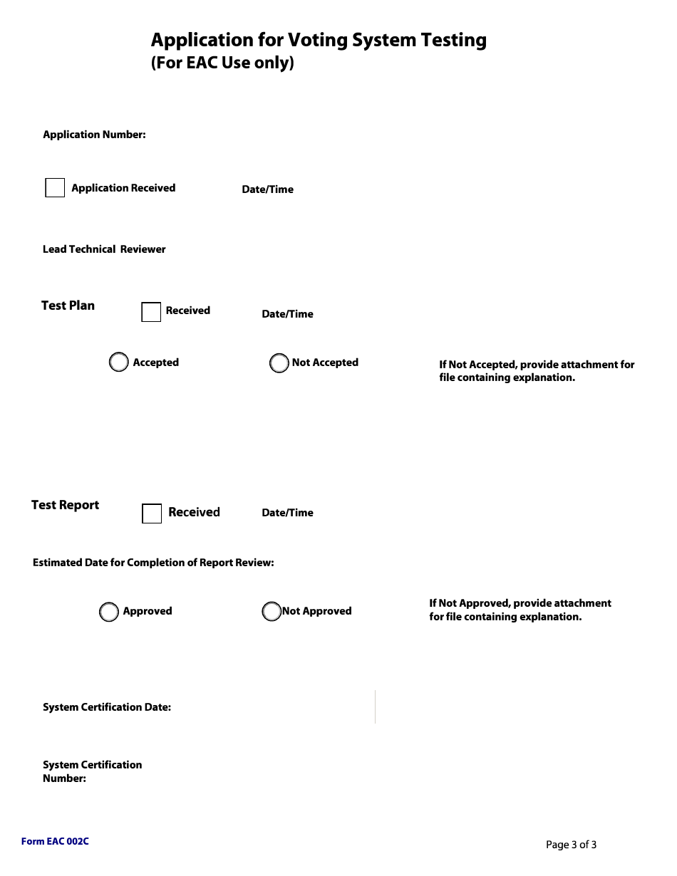 Form EAC002C Application for Voting System Testing, Page 3
