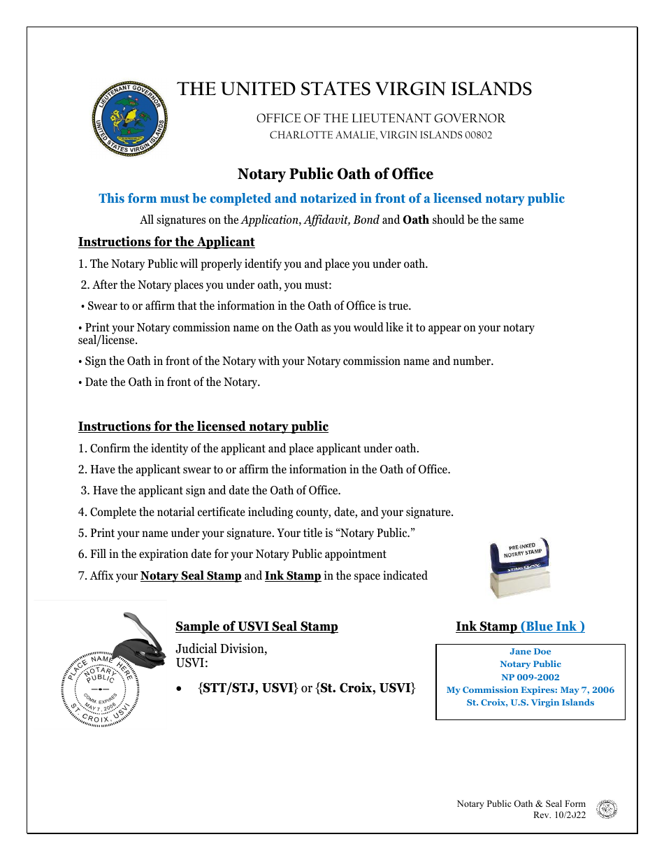 Notary Public Oath  Seal Form - Virgin Islands, Page 1