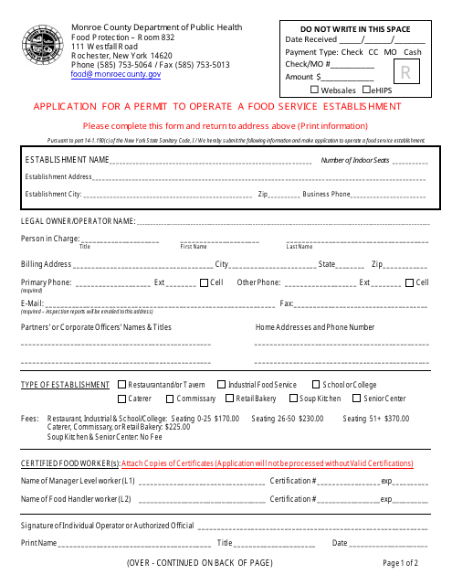Application for a Permit to Operate a Food Service Establishment - Monroe County, New York Download Pdf