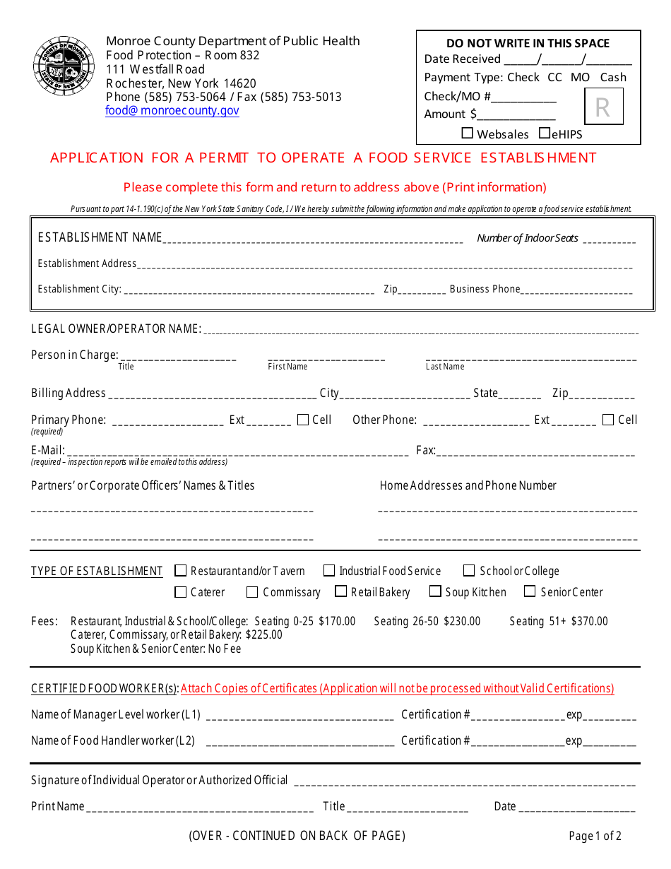 Monroe County, New York Application for a Permit to Operate a Food