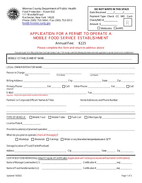 Application for a Permit to Operate a Mobile Food Service Establishment - Monroe County, New York
