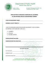 Document preview: Application to Request Addition of Catering to an Existing Health Department Permit - Monroe County, New York