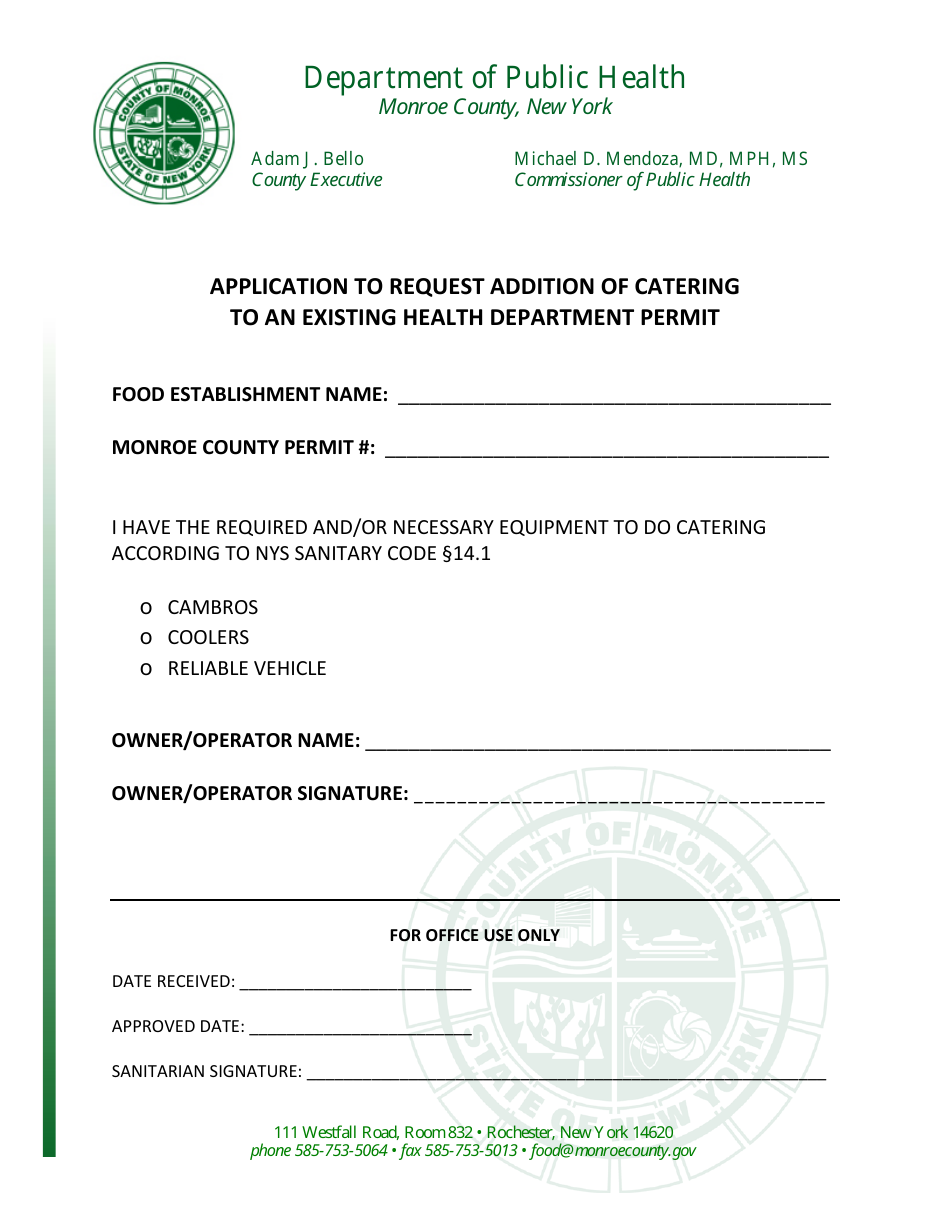 Application to Request Addition of Catering to an Existing Health Department Permit - Monroe County, New York, Page 1