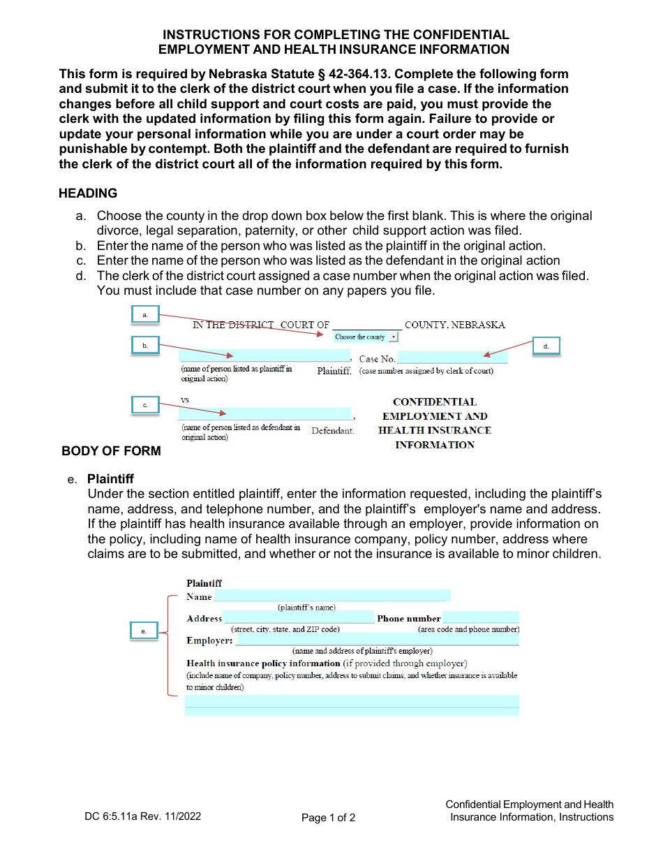 Instructions for Form DC6:5.11 Confidential Employment and Health Insurance Information - Nebraska, Page 1