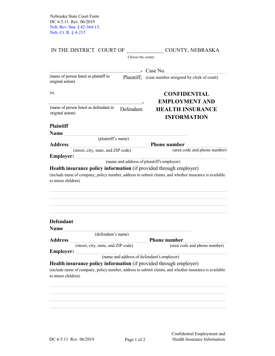 Form DC6:5.11 Confidential Employment and Health Insurance Information - Nebraska, Page 1