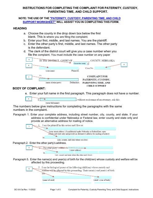 Instructions for Form DC6:8.3 Complaint for Paternity, Custody, Parenting Time, and Child Support - Nebraska