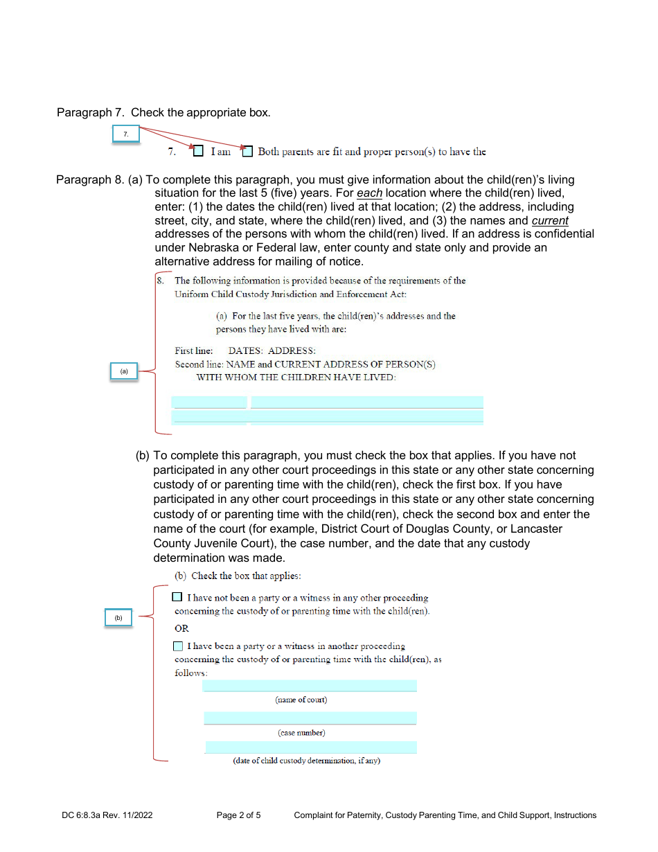 Instructions for Form DC6:8.3 Complaint for Paternity, Custody, Parenting Time, and Child Support - Nebraska, Page 2
