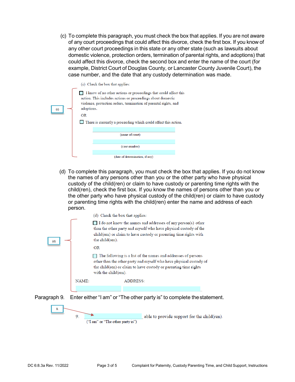 Instructions for Form DC6:8.3 Complaint for Paternity, Custody, Parenting Time, and Child Support - Nebraska, Page 3