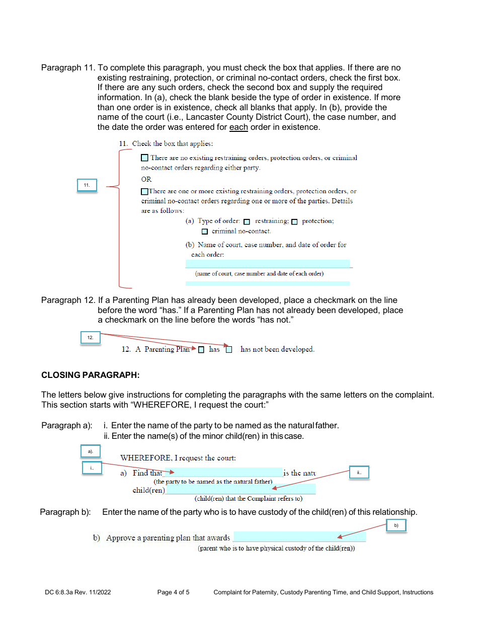 Instructions for Form DC6:8.3 Complaint for Paternity, Custody, Parenting Time, and Child Support - Nebraska, Page 4