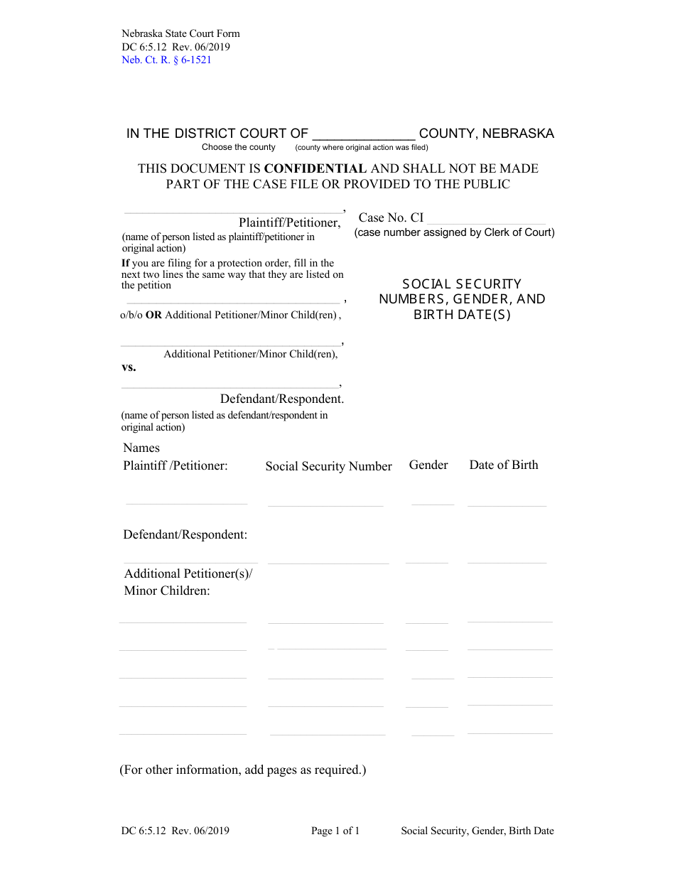 Form DC6:5.12 Social Security Numbers, Gender, and Birth Date(S) - Nebraska, Page 1