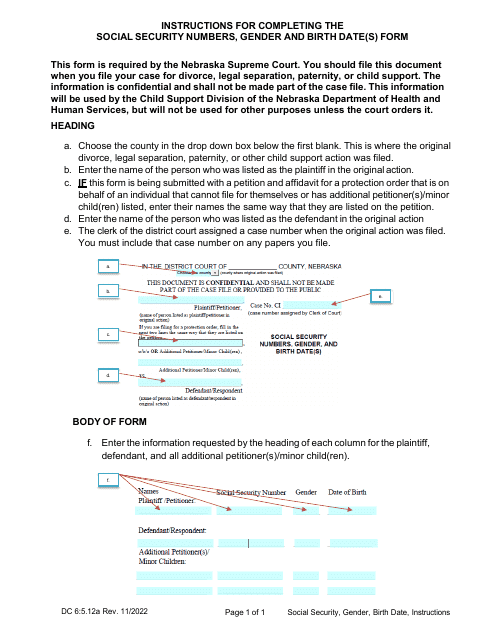 Instructions for Form DC6:5.12 Social Security Numbers, Gender, and Birth Date(S) - Nebraska