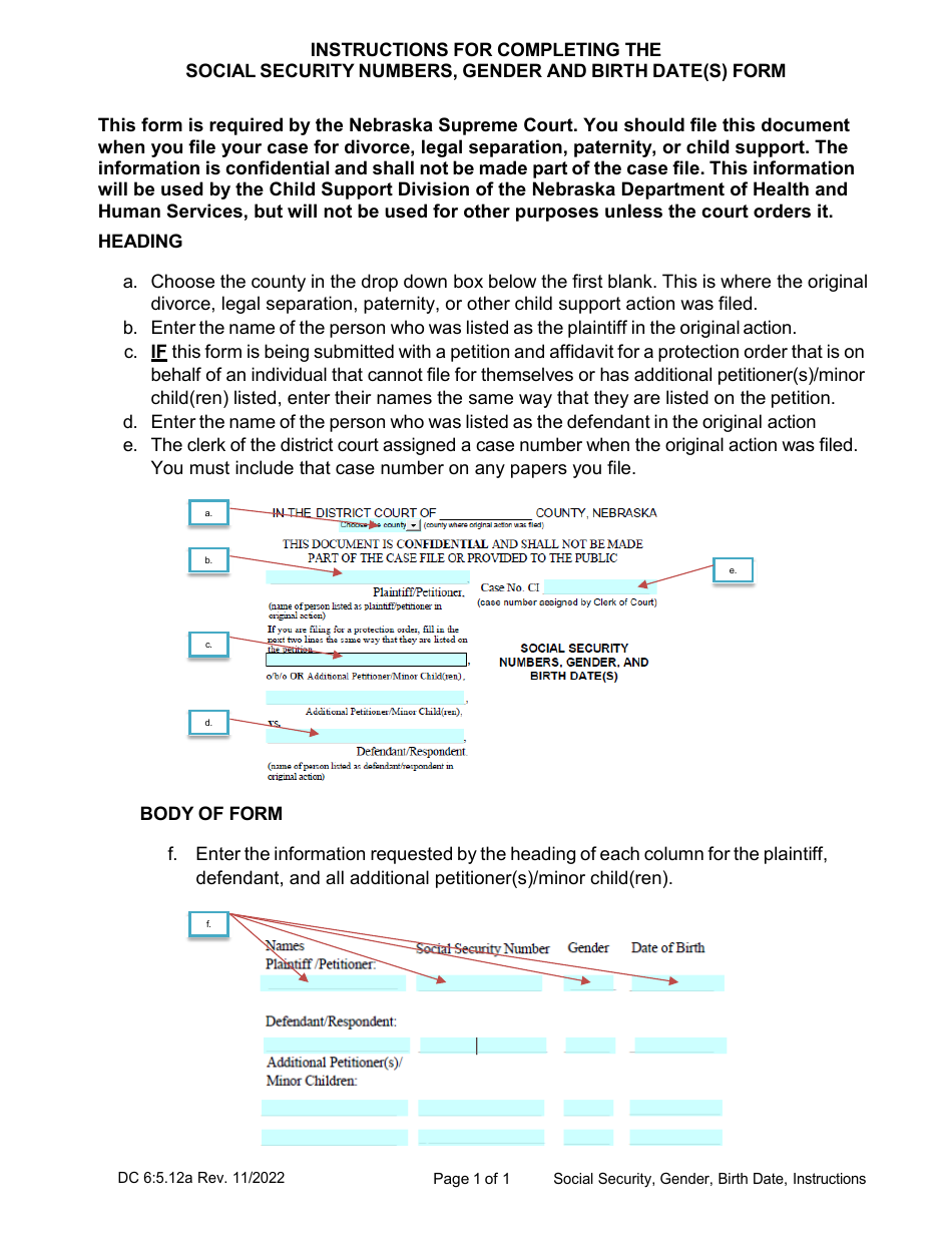 Instructions for Form DC6:5.12 Social Security Numbers, Gender, and Birth Date(S) - Nebraska, Page 1