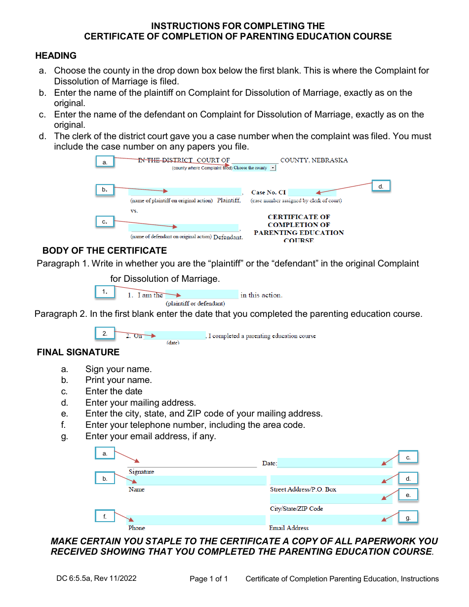 Instructions for Form DC6:5.5 Certificate of Completion of Parenting Education Course - Nebraska, Page 1