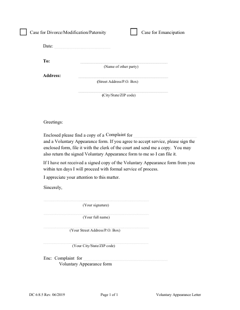 Form DC6:8.5 Voluntary Appearance Letter - Nebraska