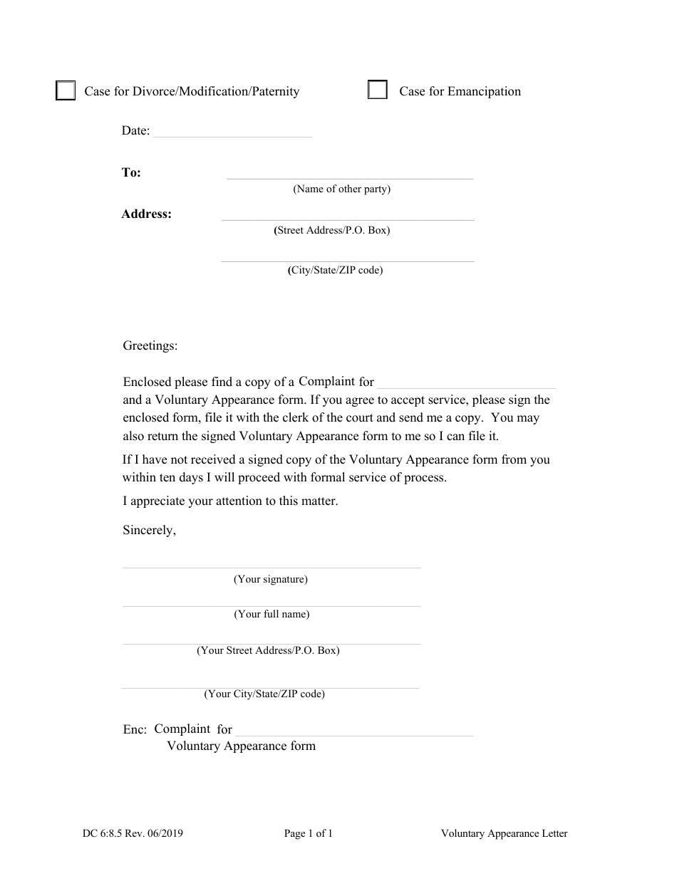 Form DC6:8.5 Voluntary Appearance Letter - Nebraska, Page 1