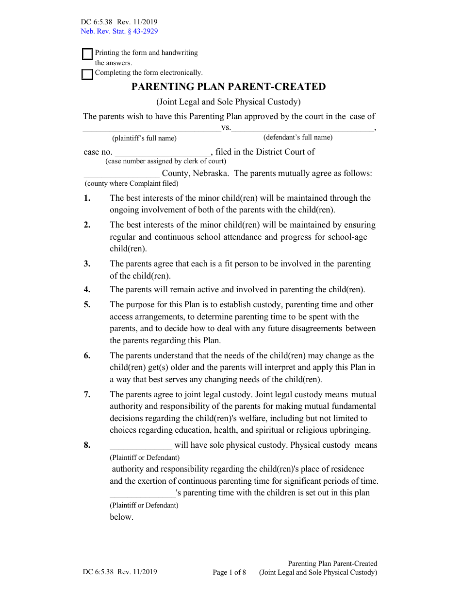 Form DC6:5.38 Parenting Plan Parent-Created (Joint Legal and Sole Physical Custody) - Nebraska, Page 1