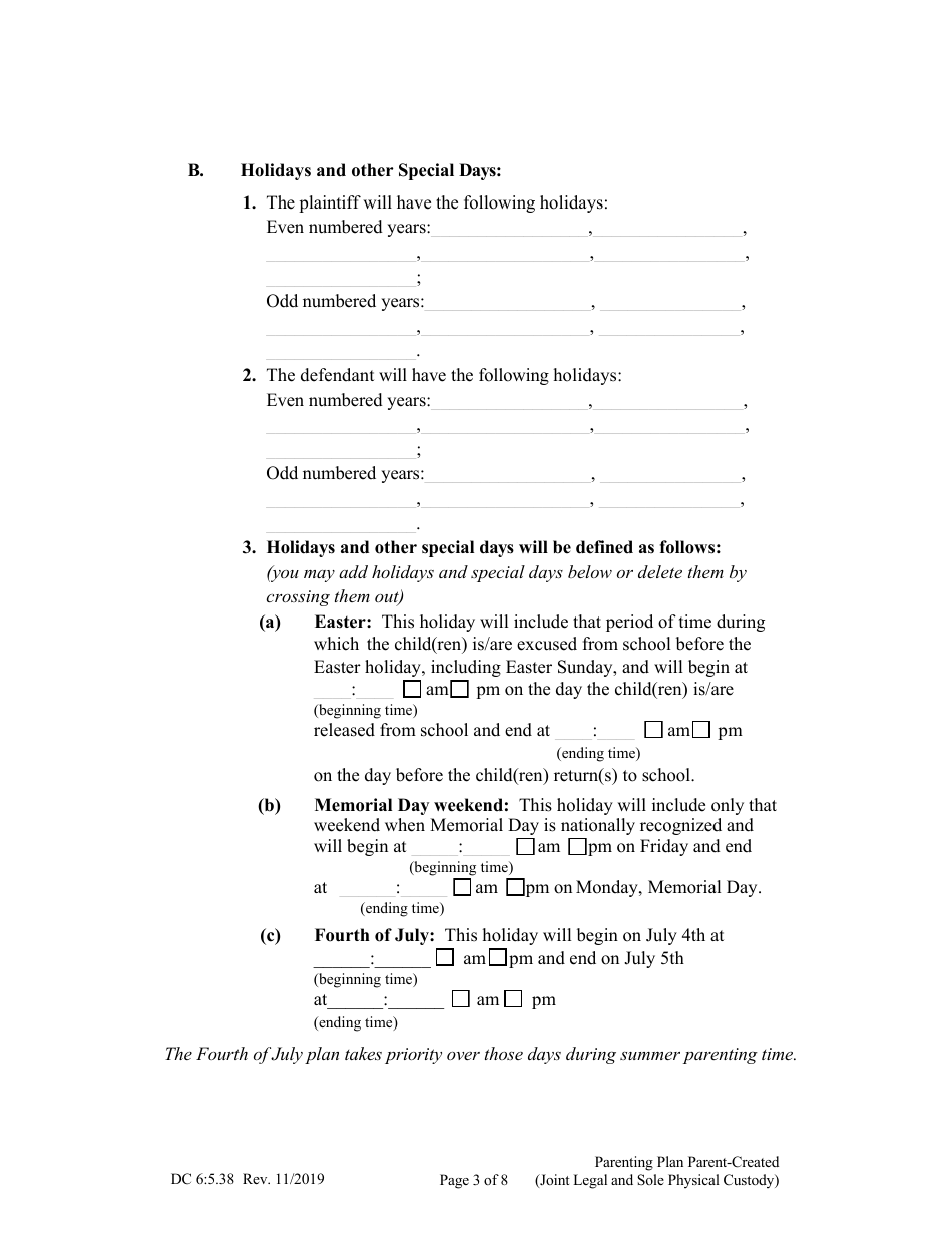 Form DC6:5.38 Parenting Plan Parent-Created (Joint Legal and Sole Physical Custody) - Nebraska, Page 3