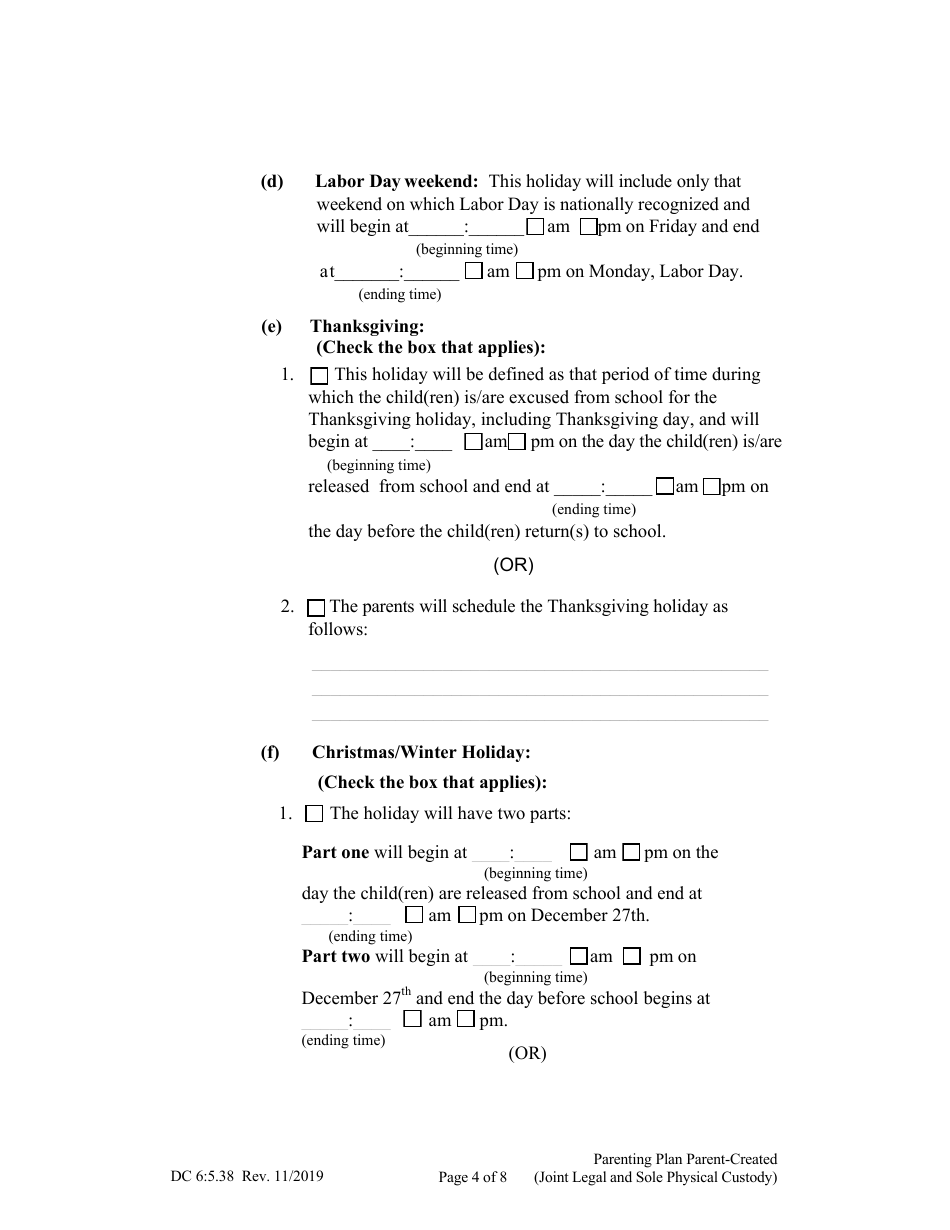 Form DC6:5.38 Parenting Plan Parent-Created (Joint Legal and Sole Physical Custody) - Nebraska, Page 4
