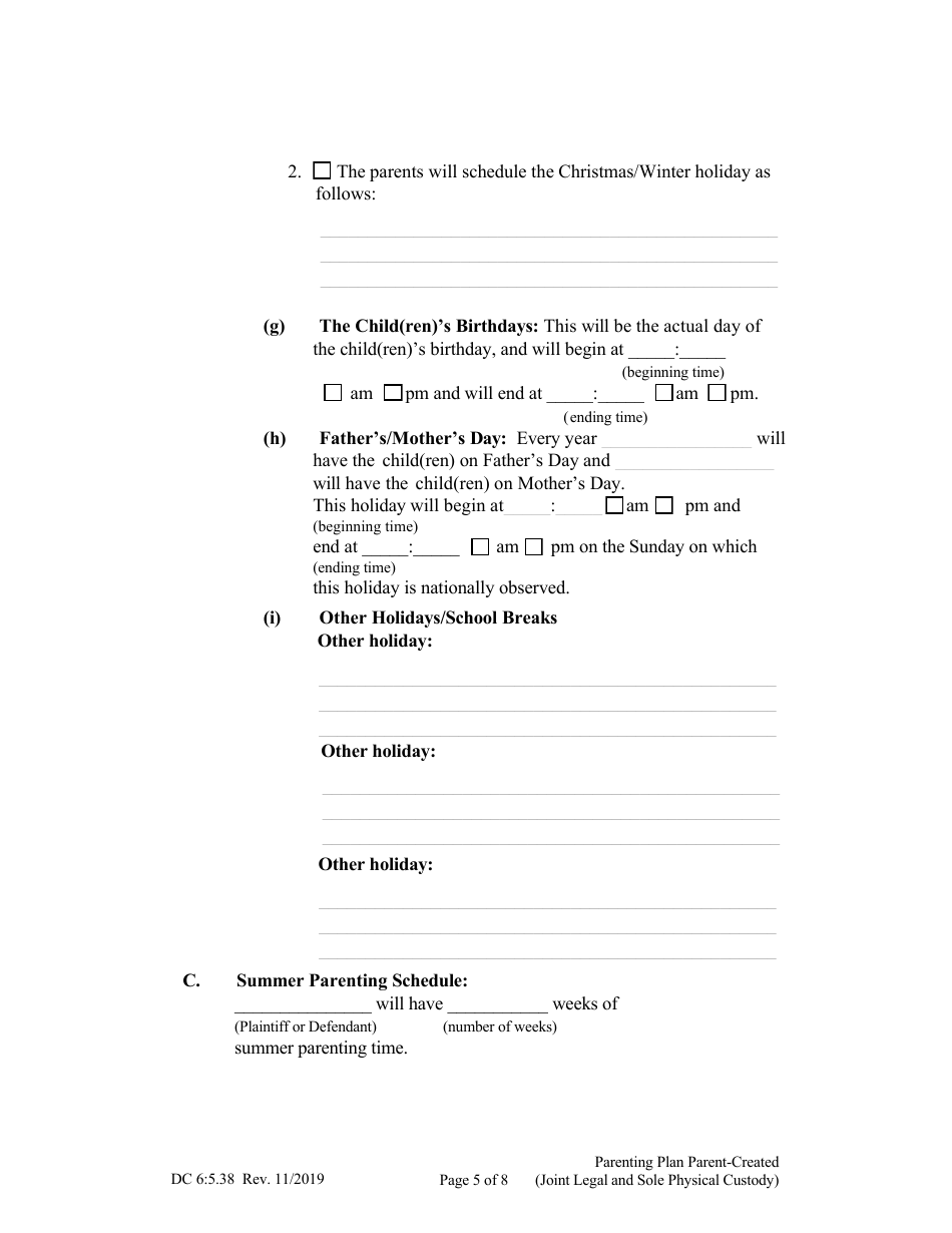 Form DC6:5.38 Parenting Plan Parent-Created (Joint Legal and Sole Physical Custody) - Nebraska, Page 5