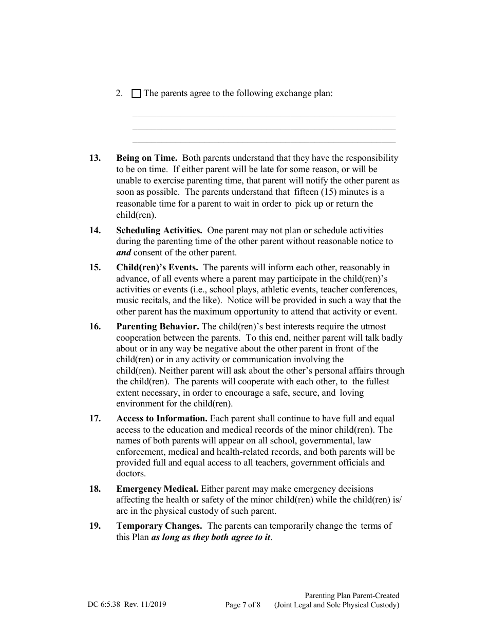 Form DC6:5.38 Parenting Plan Parent-Created (Joint Legal and Sole Physical Custody) - Nebraska, Page 7