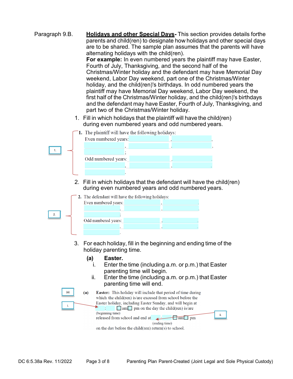 Instructions for Form DC6:5.38 Parenting Plan Parent-Created (Joint Legal and Sole Physical Custody) - Nebraska, Page 3