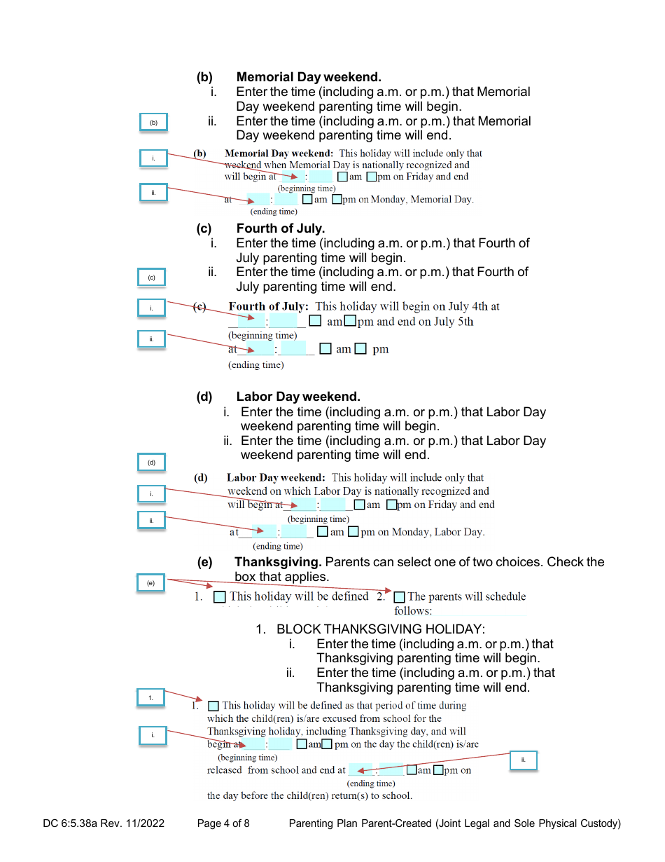 Instructions for Form DC6:5.38 Parenting Plan Parent-Created (Joint Legal and Sole Physical Custody) - Nebraska, Page 4