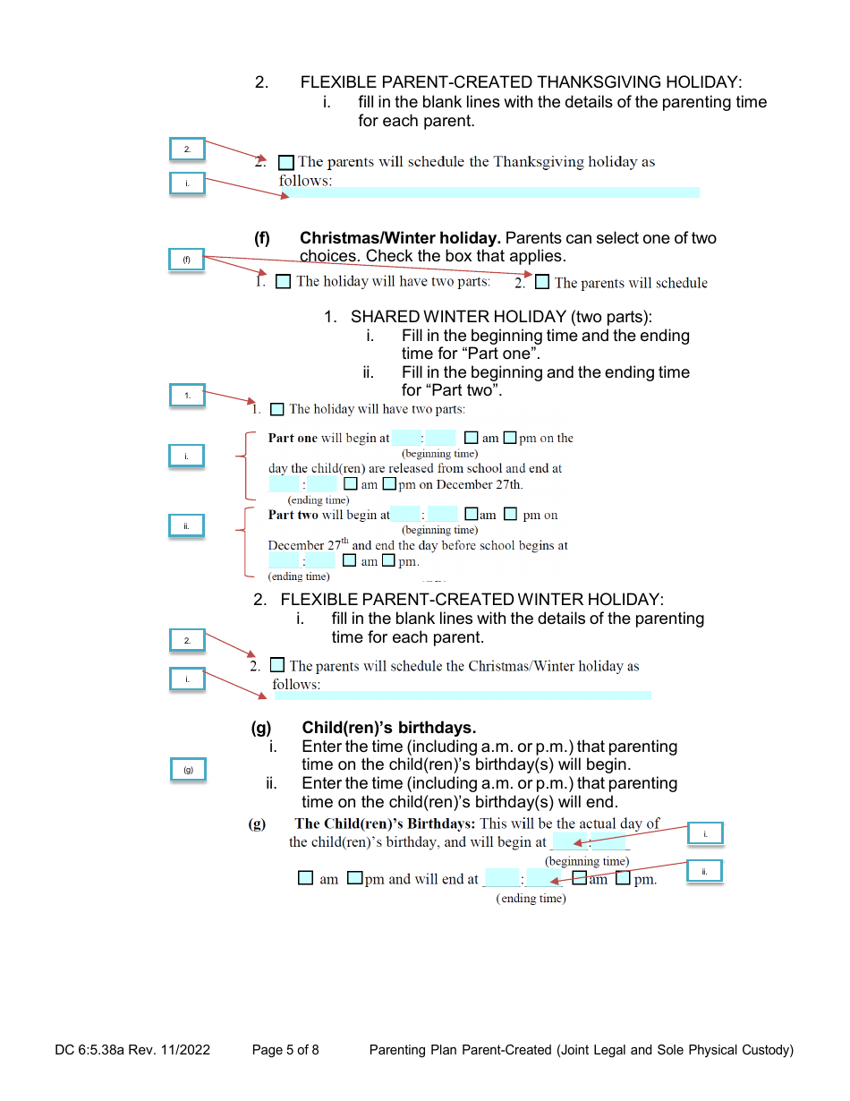 Instructions for Form DC6:5.38 Parenting Plan Parent-Created (Joint Legal and Sole Physical Custody) - Nebraska, Page 5