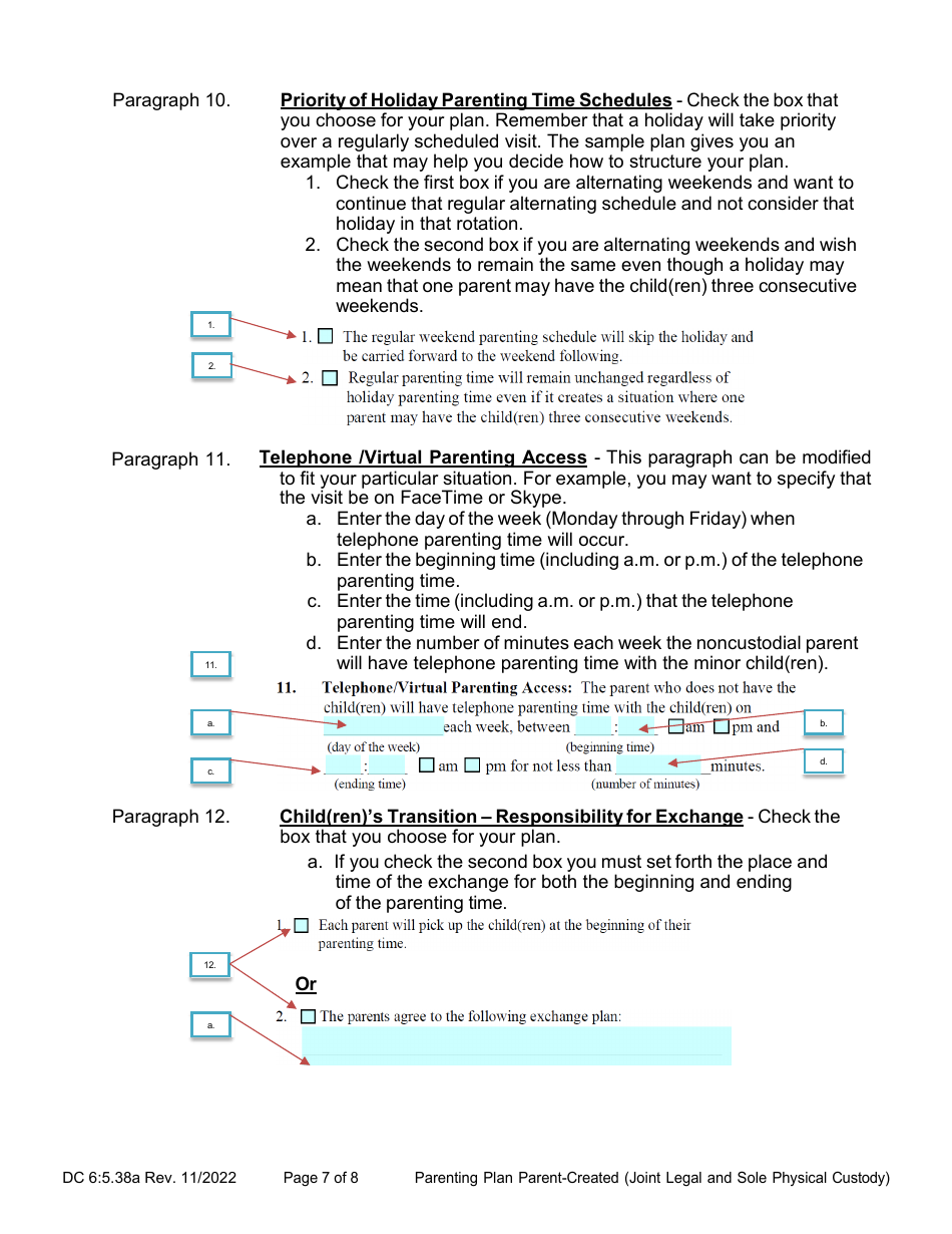 Instructions for Form DC6:5.38 Parenting Plan Parent-Created (Joint Legal and Sole Physical Custody) - Nebraska, Page 7