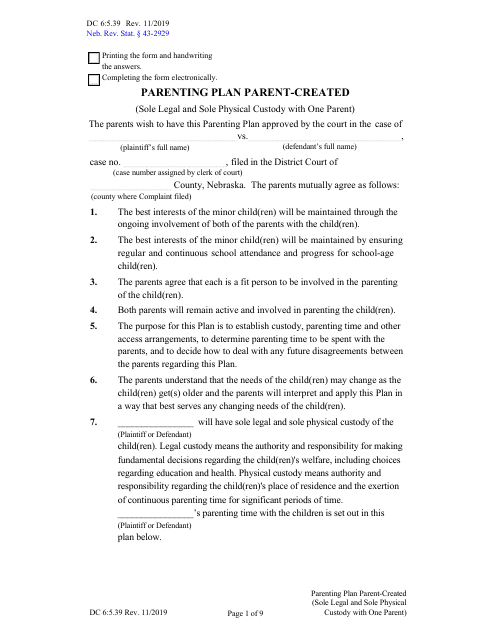 Form DC6:5.39 Parenting Plan Parent-Created (Sole Legal and Sole Physical Custody With One Parent) - Nebraska
