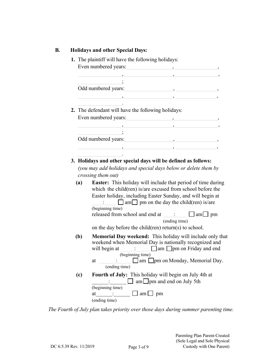 Form DC6:5.39 Parenting Plan Parent-Created (Sole Legal and Sole Physical Custody With One Parent) - Nebraska, Page 3