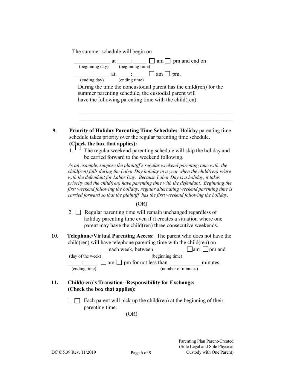 Form DC6:5.39 Parenting Plan Parent-Created (Sole Legal and Sole Physical Custody With One Parent) - Nebraska, Page 6