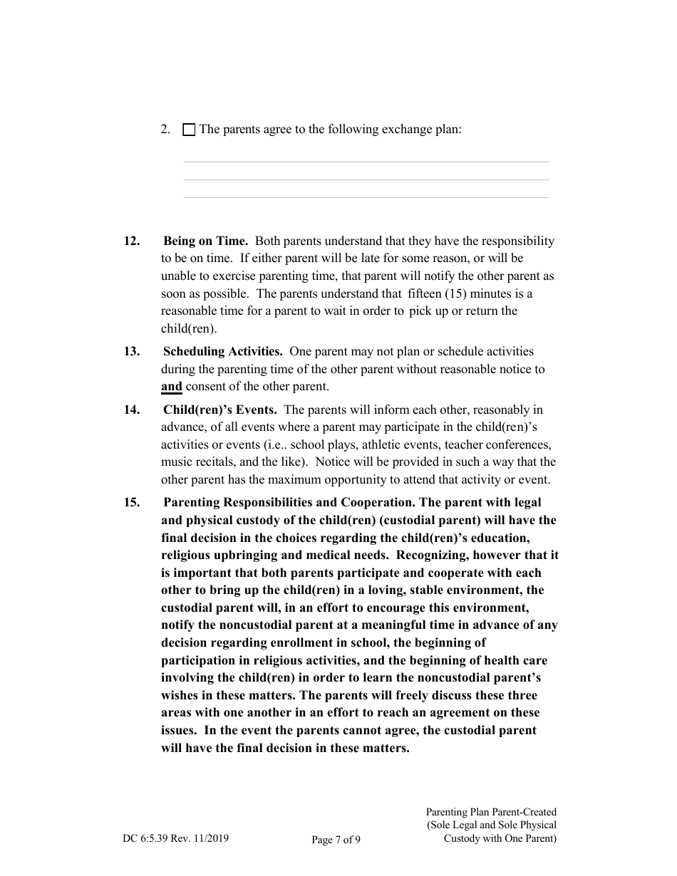 Form DC6:5.39 Parenting Plan Parent-Created (Sole Legal and Sole Physical Custody With One Parent) - Nebraska, Page 7