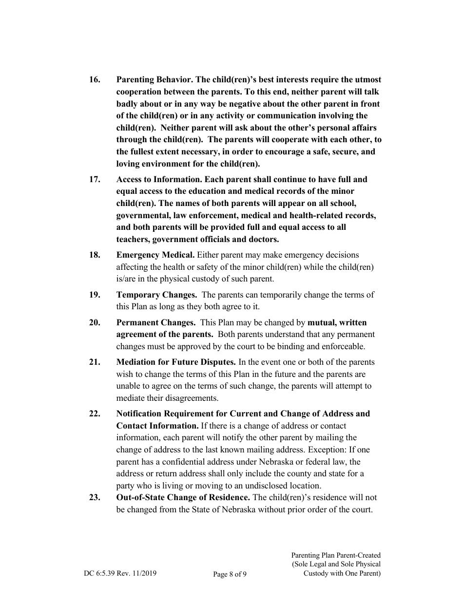Form DC6:5.39 Parenting Plan Parent-Created (Sole Legal and Sole Physical Custody With One Parent) - Nebraska, Page 8