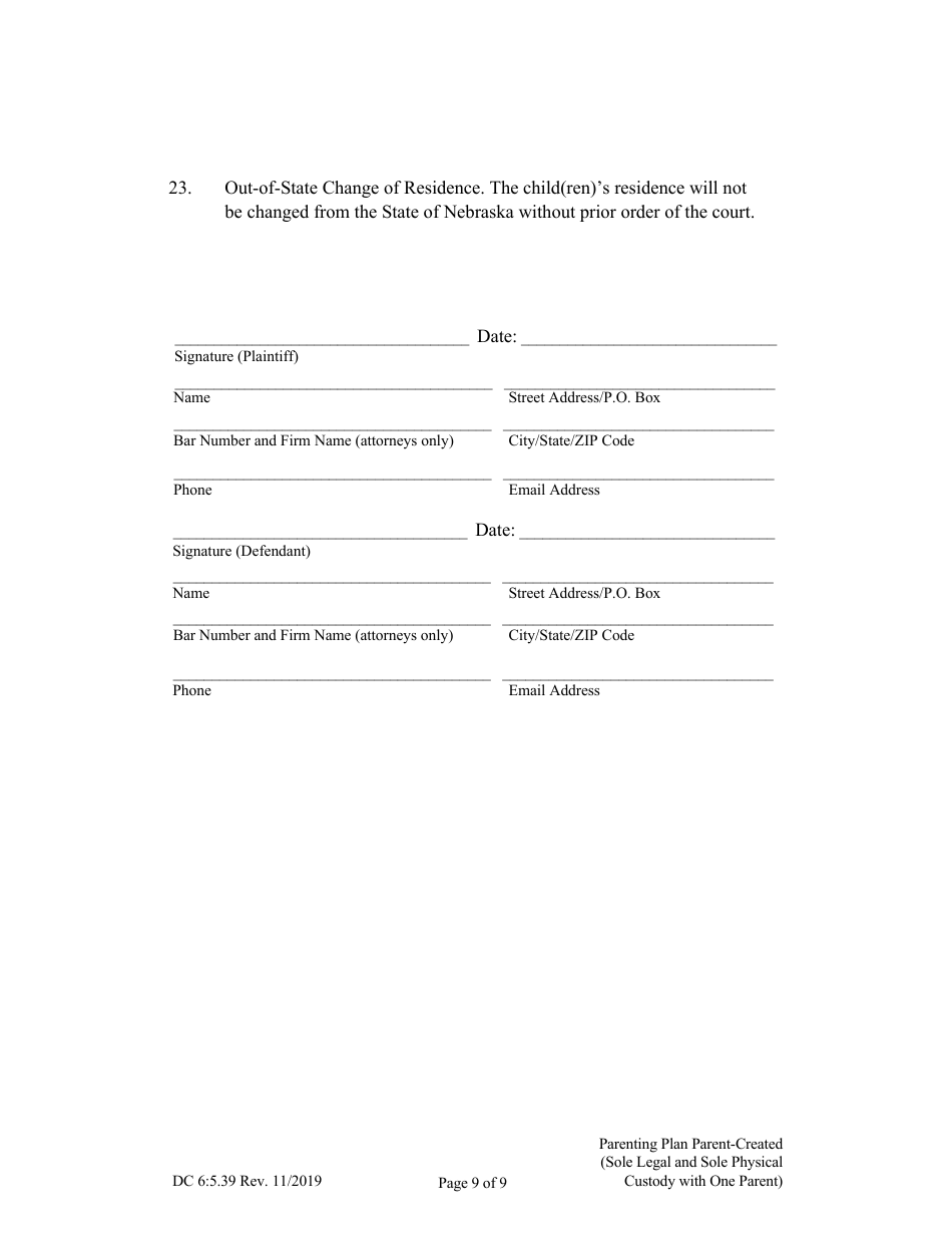 Form DC6:5.39 Parenting Plan Parent-Created (Sole Legal and Sole Physical Custody With One Parent) - Nebraska, Page 9