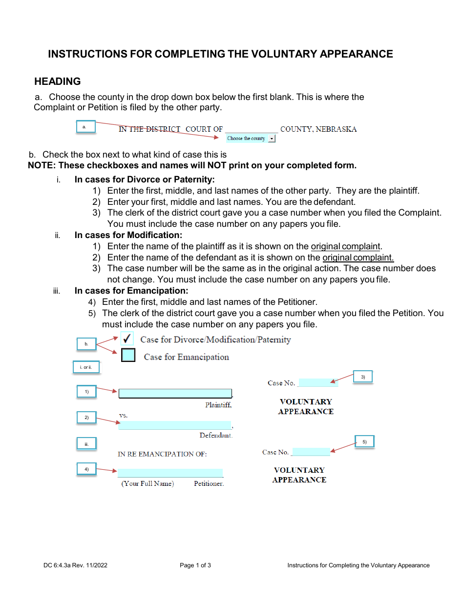 Instructions for Form DC6:4.3 Voluntary Appearance - Nebraska, Page 1