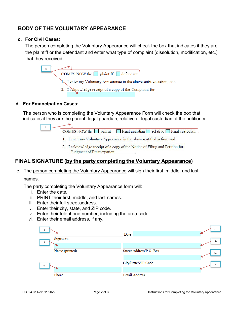 Instructions for Form DC6:4.3 Voluntary Appearance - Nebraska, Page 2