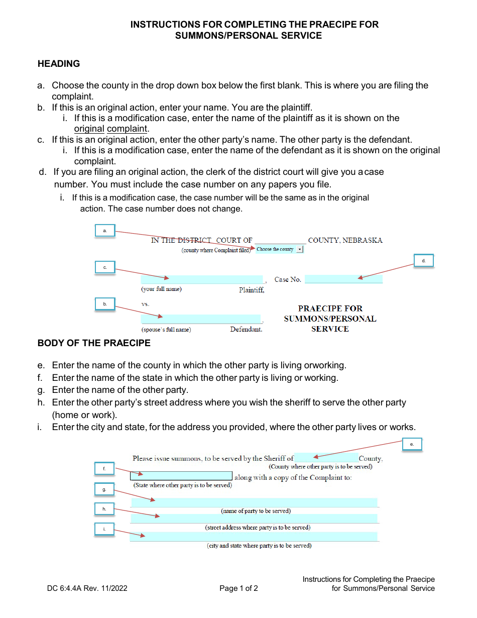 Instructions for Form DC6:4.4 Praecipe for Summons / Personal Service - Nebraska, Page 1