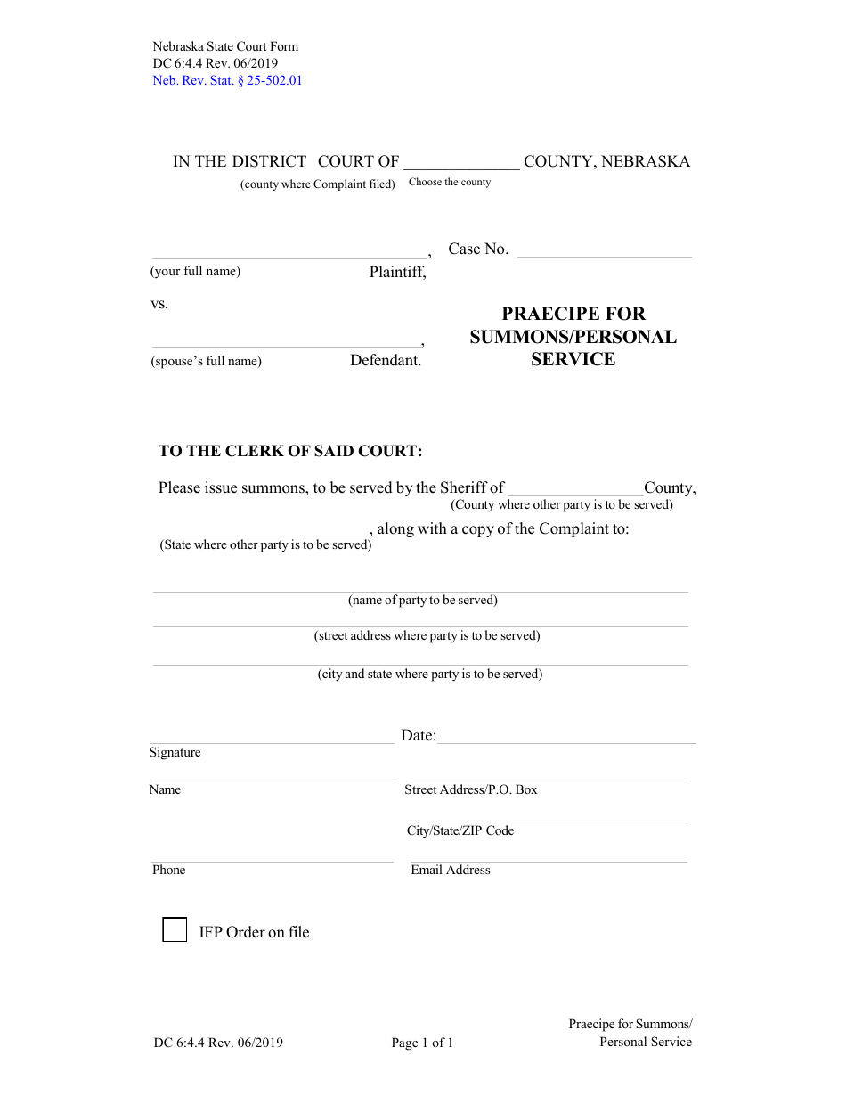 Form DC6:4.4 Praecipe for Summons / Personal Service - Nebraska, Page 1
