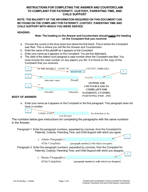 Instructions for Form DC6:8.8 Answer and Counterclaim to Complaint for Paternity, Custody, Parenting Time, and Child Support - Nebraska