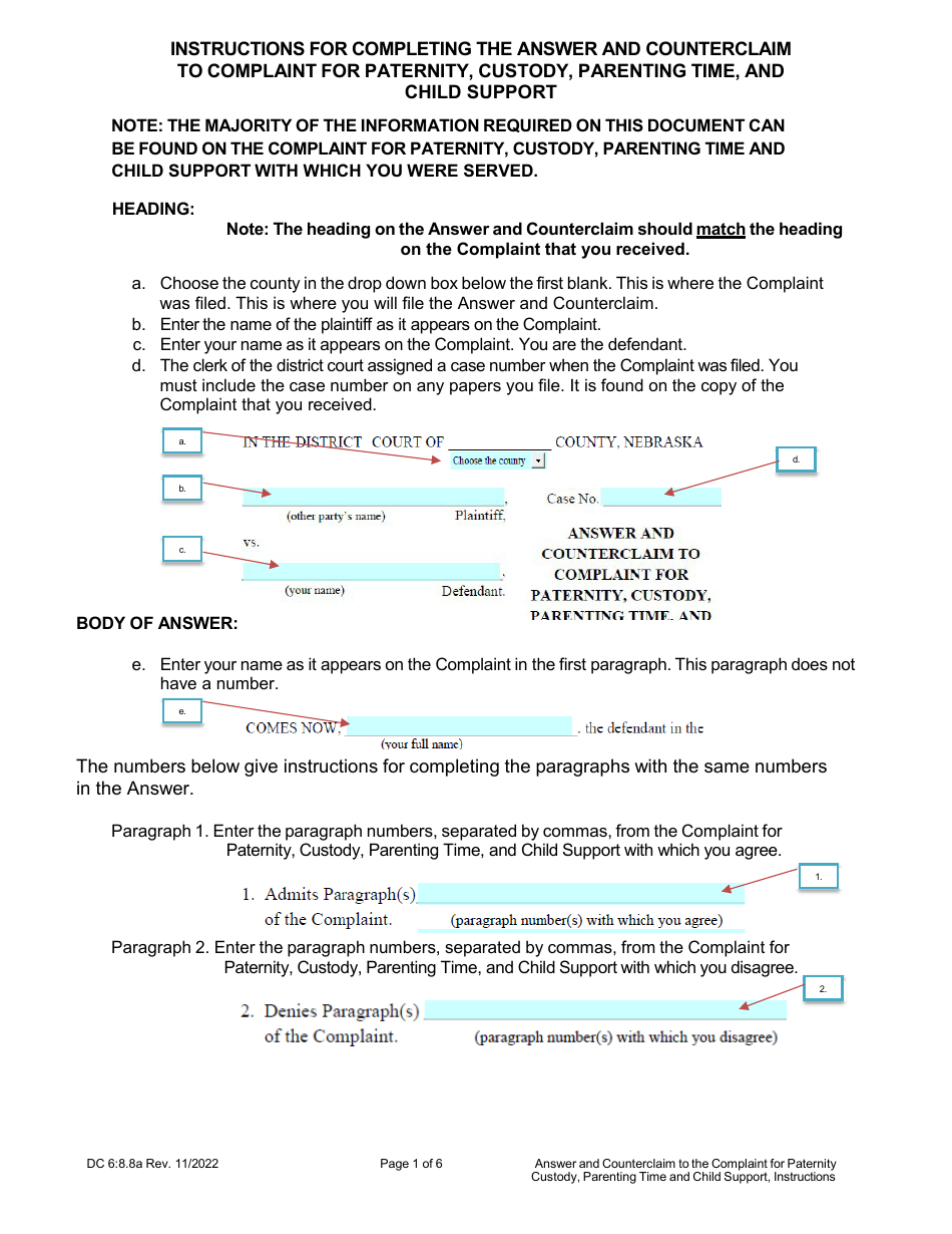 Instructions for Form DC6:8.8 Answer and Counterclaim to Complaint for Paternity, Custody, Parenting Time, and Child Support - Nebraska, Page 1