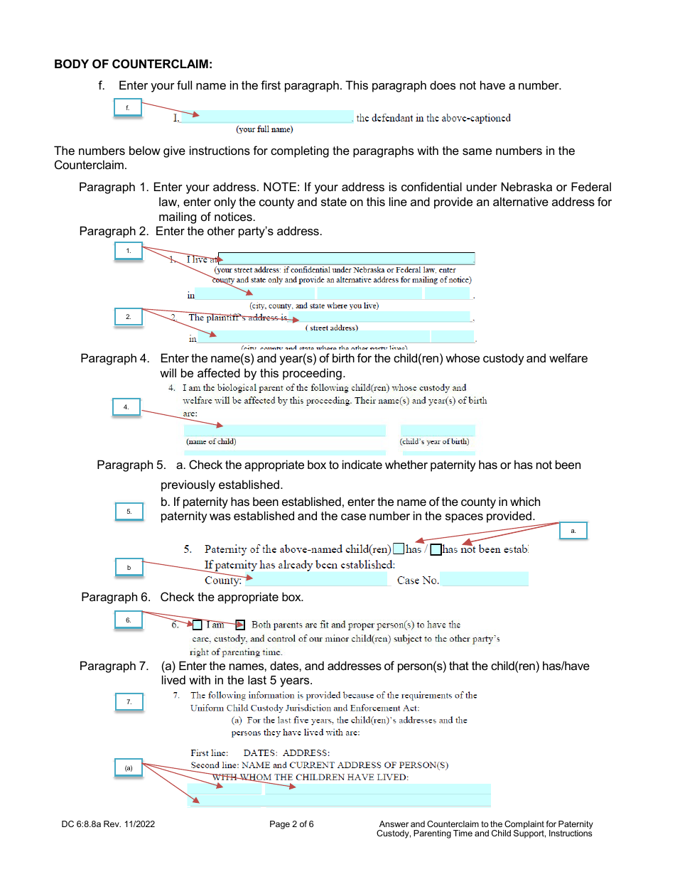 Instructions for Form DC6:8.8 Answer and Counterclaim to Complaint for Paternity, Custody, Parenting Time, and Child Support - Nebraska, Page 2
