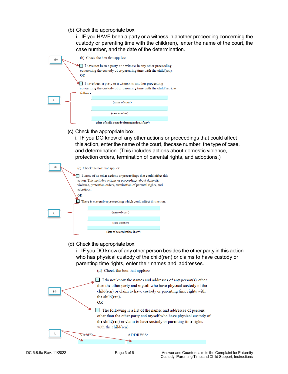 Instructions for Form DC6:8.8 Answer and Counterclaim to Complaint for Paternity, Custody, Parenting Time, and Child Support - Nebraska, Page 3