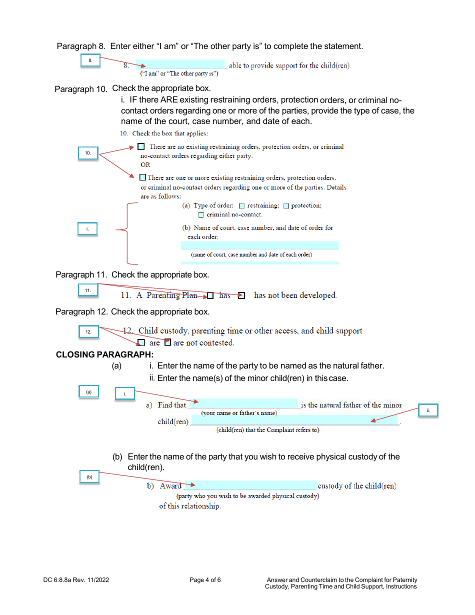 Instructions for Form DC6:8.8 Answer and Counterclaim to Complaint for Paternity, Custody, Parenting Time, and Child Support - Nebraska, Page 4